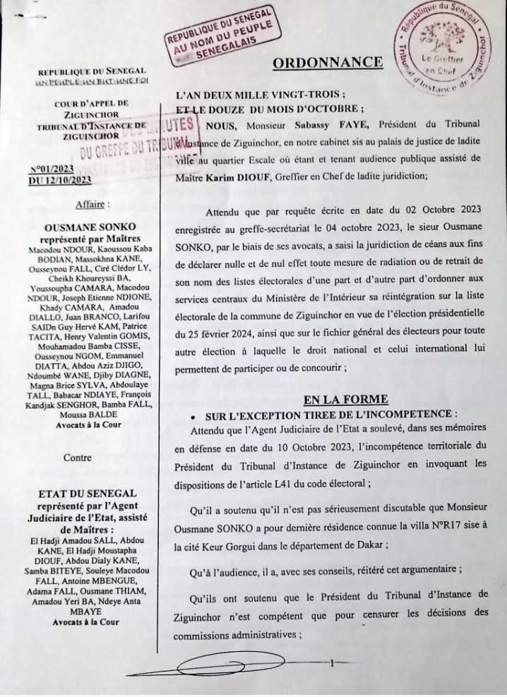 Annulation radiation Ousmane Sonko: L’ordonnance du jugement notifié au Préfet de Ziguinchor